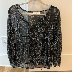 Black floral see-through long sleeve blouse